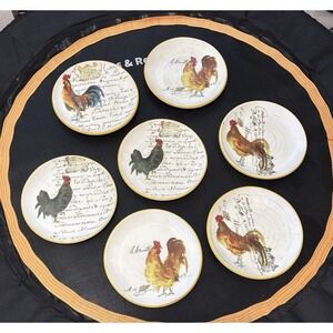 Williams Sonoma Rooster Script Ceramic Salad Plates Lot Of 7 Discontinued Italy
